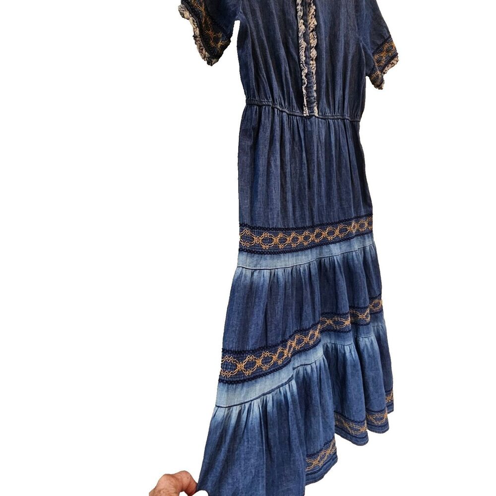 Lapis Anthropologie Blue Denim Dress Sz L Tiered Boho Cowgirl Prairie Western - Picture 3 of 10